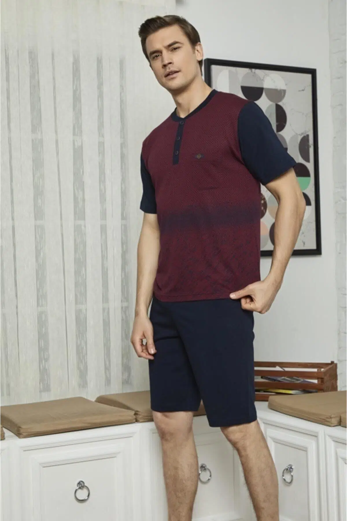 KLY 9003 Erkek Midi Yaka Şortlu Takım - BORDO