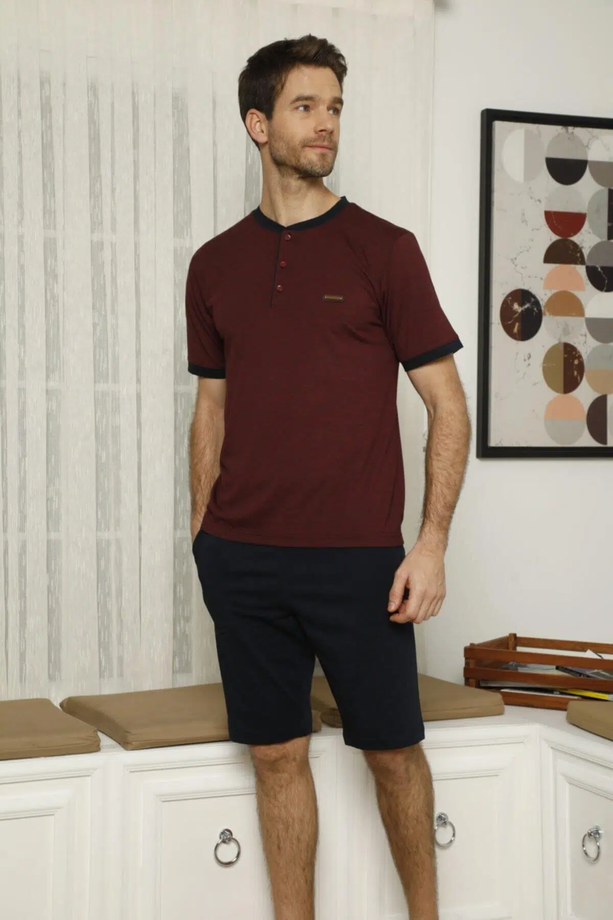 KLY 9009 Erkek Midi Yaka Şortlu Takım - BORDO