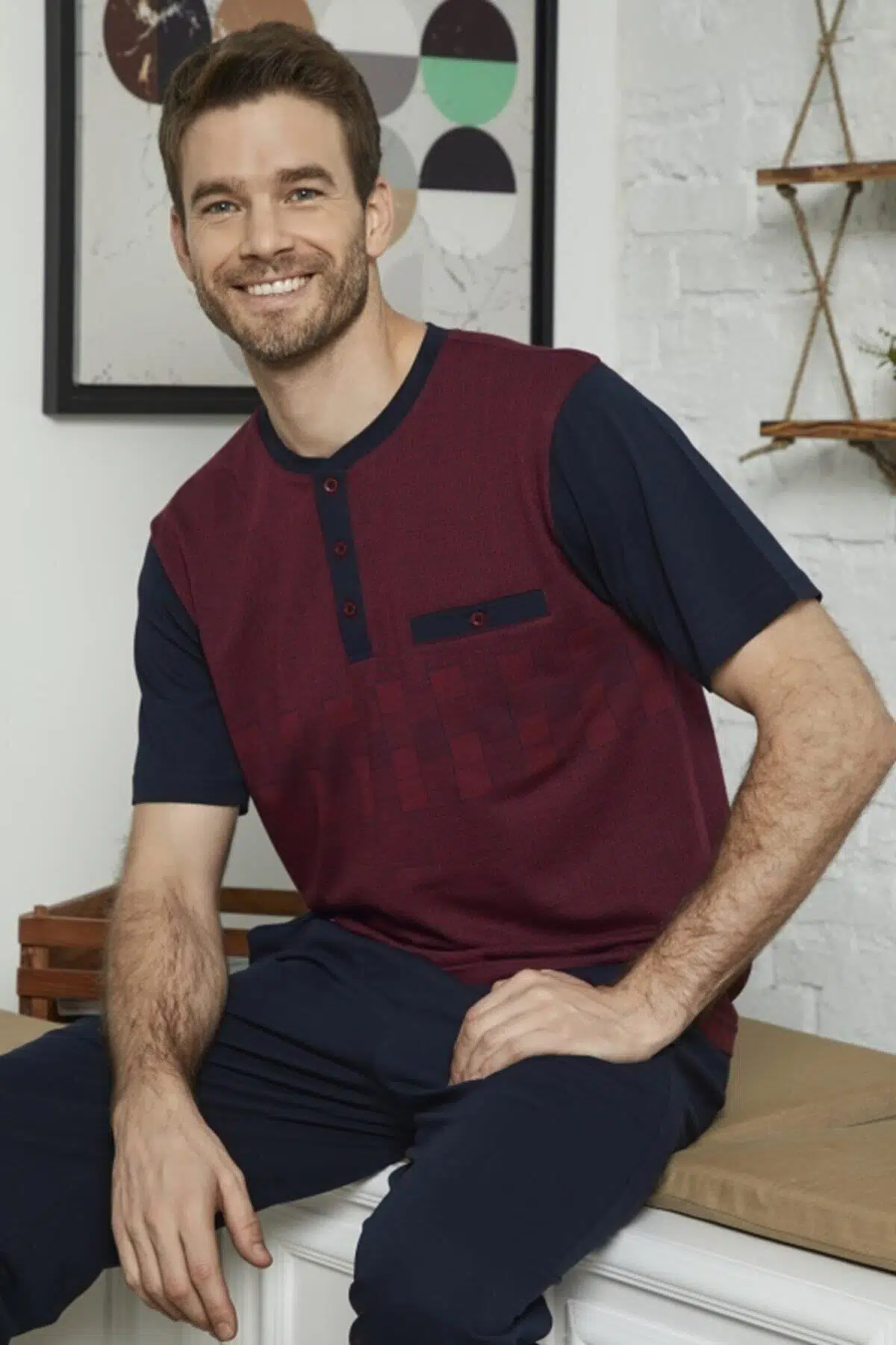 KLY 9051 Erkek Midi Yaka Pijama Takım - BORDO