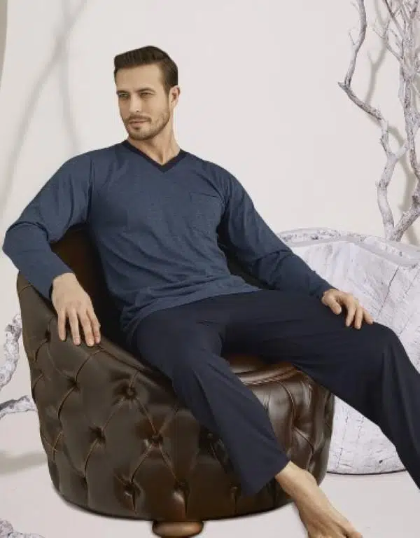 KLY 9107 Erkek V Yaka Uzun Kol Pijama Takım - LACİVERT