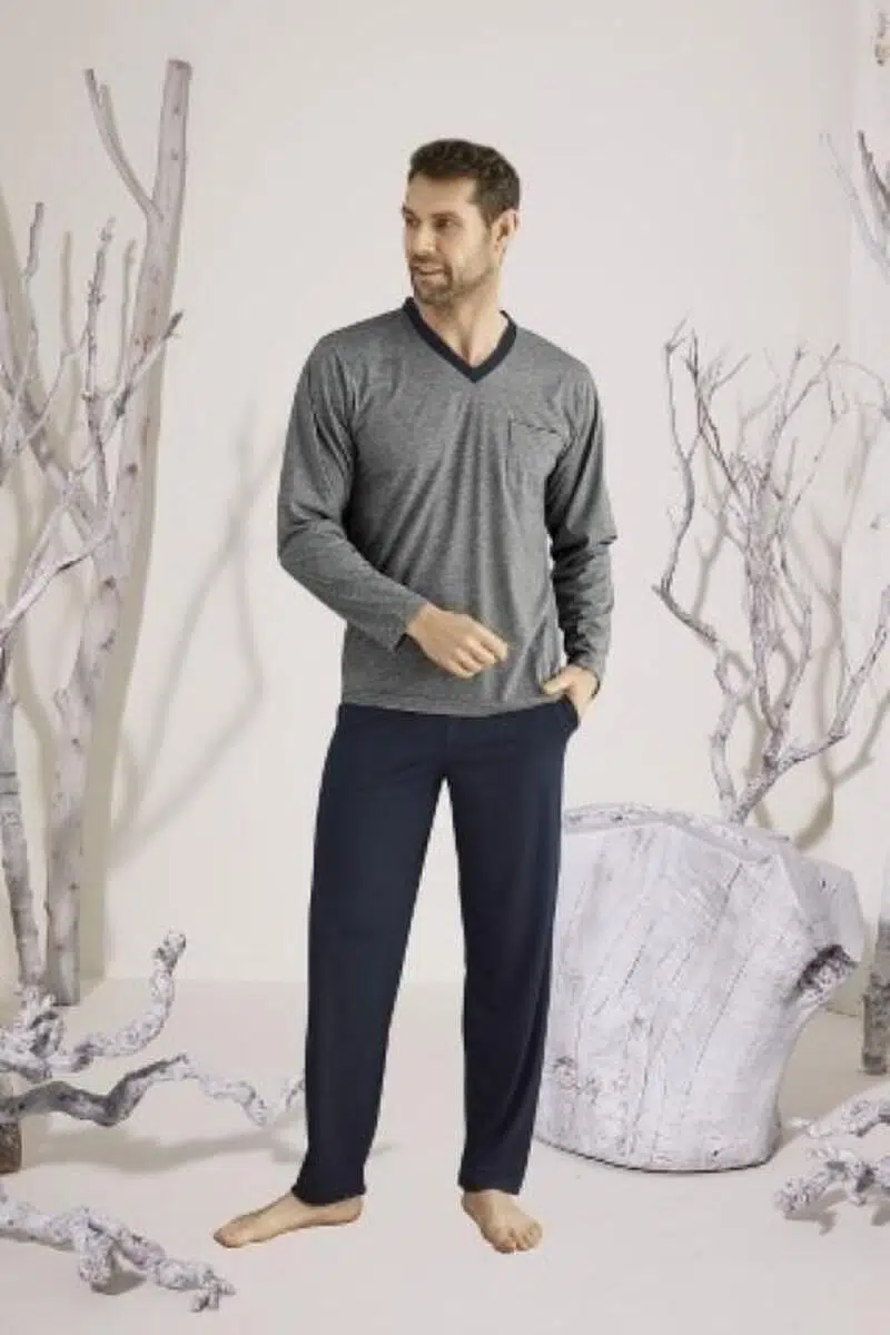 KLY 9107 Erkek V Yaka Uzun Kol Pijama Takım - İNDİGO