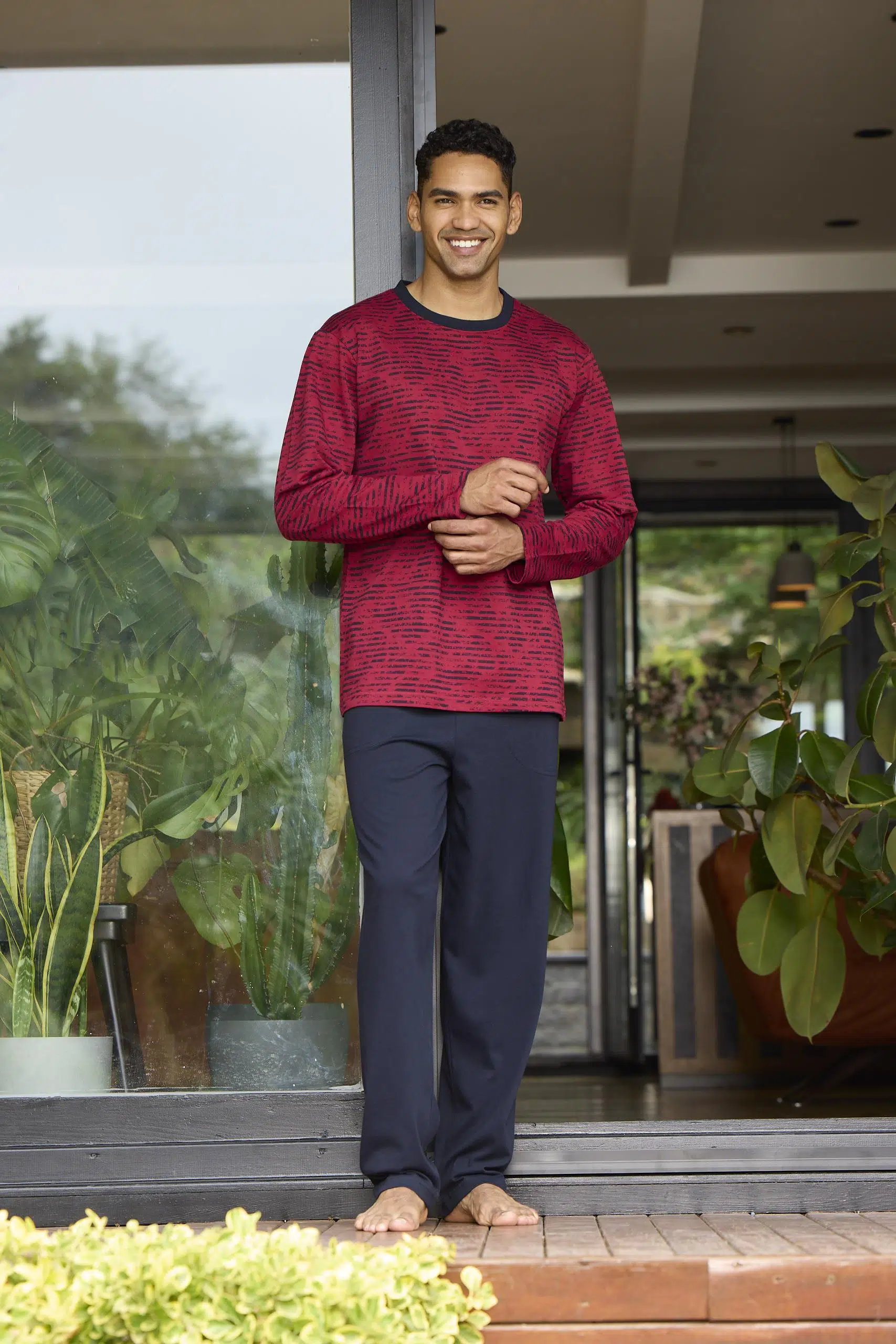 Kly 9130 Büyük Beden Erkek Bisiklet Yaka Uzun Kollu Pijama Takım - BORDO