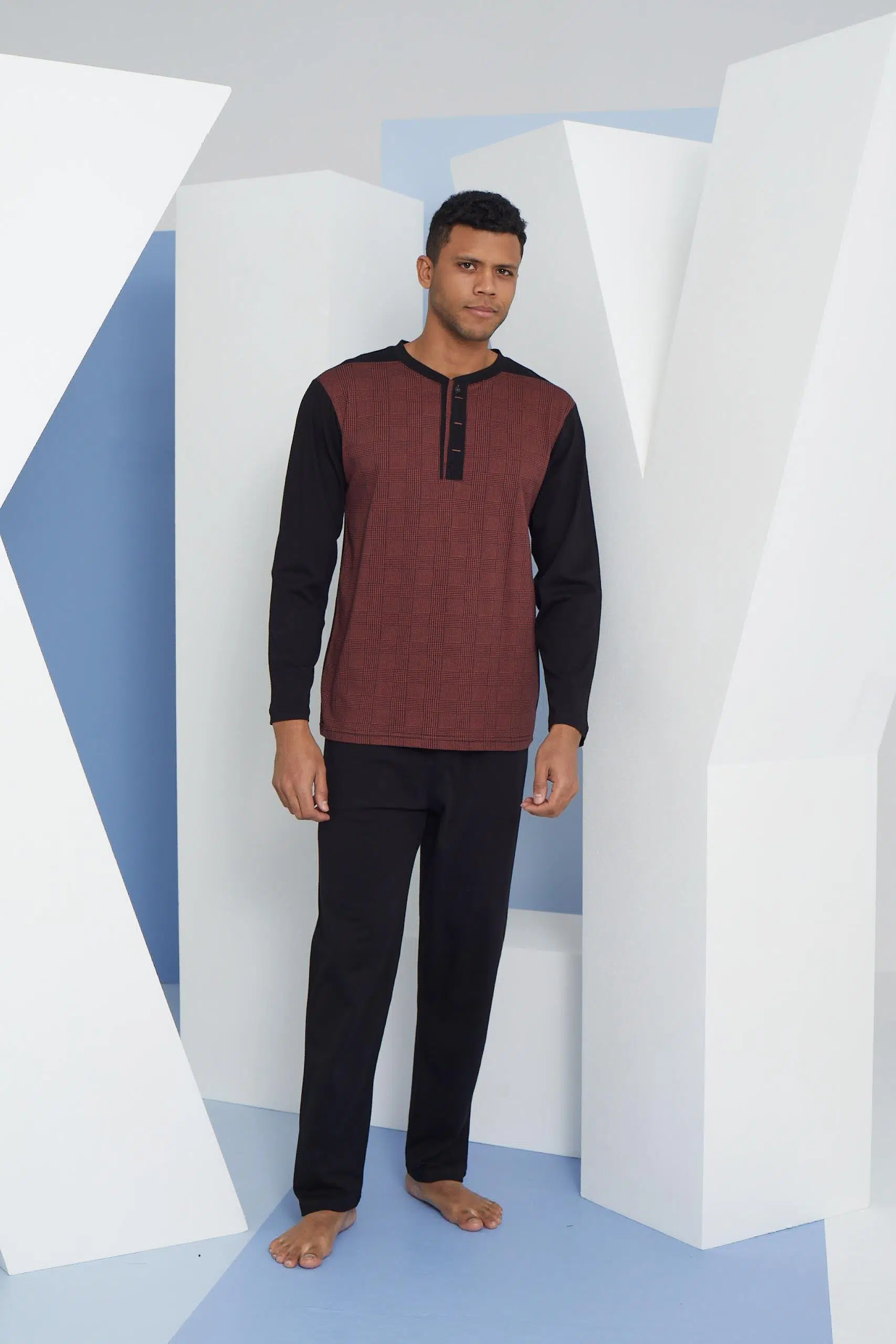 Kly 9132 Büyük Beden Erkek Düğmeli Uzun Kol Pijama Takım - BEYAZ