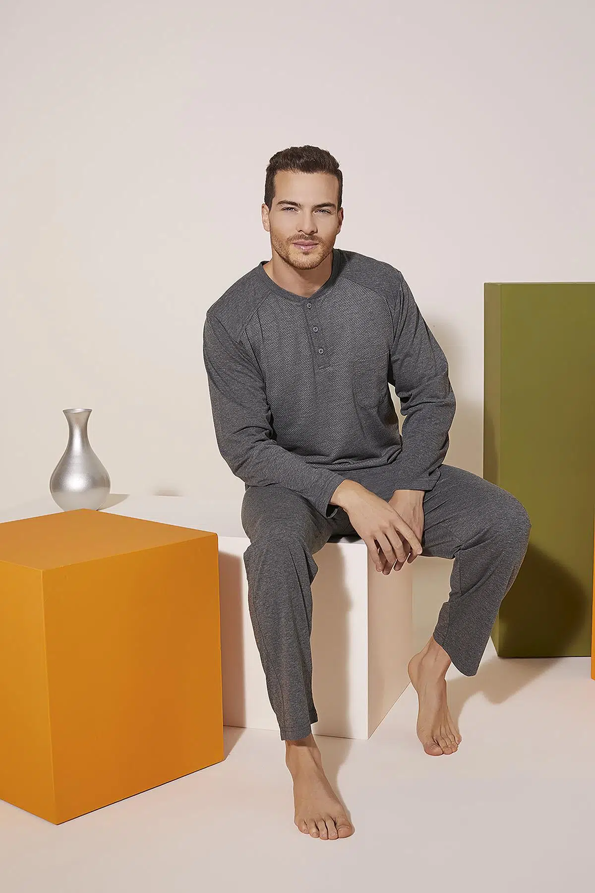 Kly 9201 Erkek Midi Yaka Pijama Takım - ANTRASİT