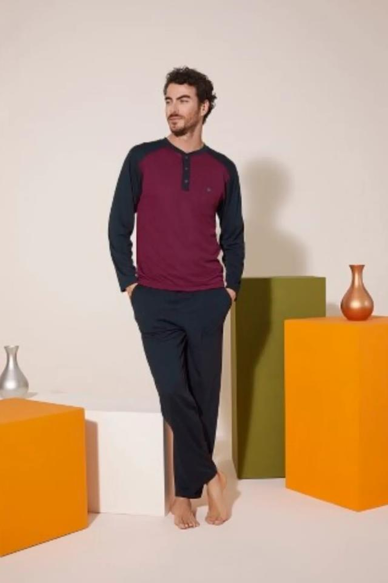 Kly 9206 Erkek Midi Yaka Omuz Parçalı Pijama Takım - BORDO