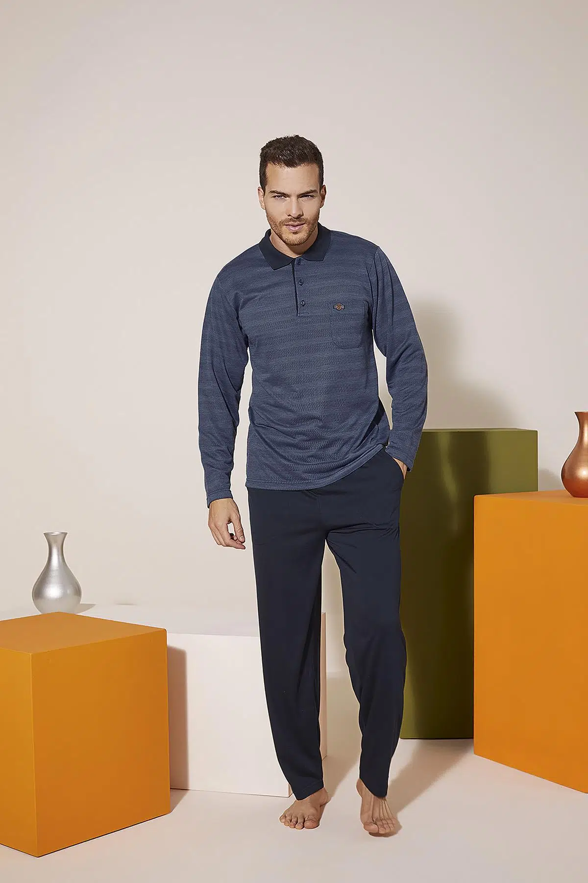 Kly 9213 Erkek Polo Yaka Pijama Takım - YEŞİL