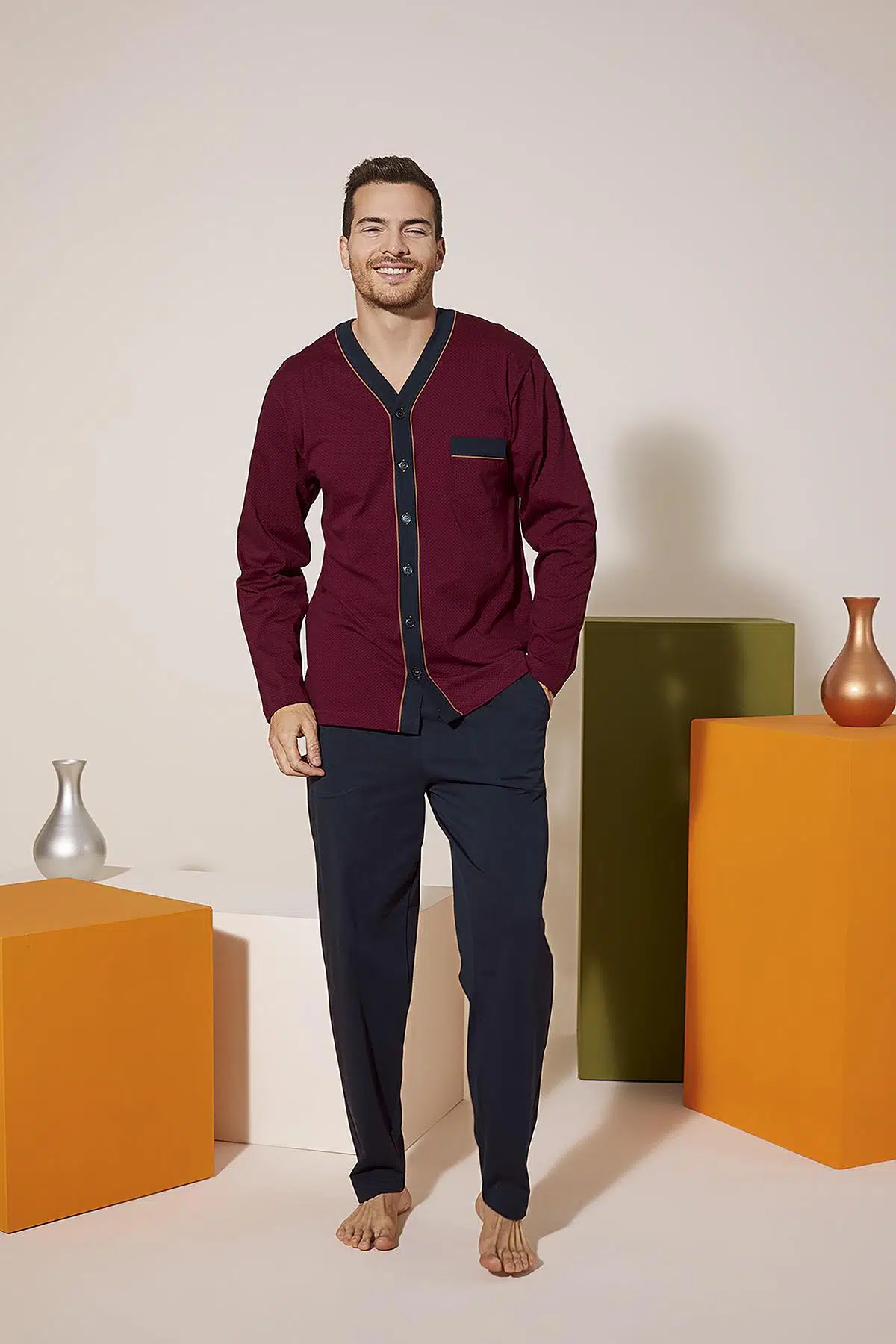 KLY 9217 Erkek V Yaka Boydan Düğmeli Pijama Takım - BORDO