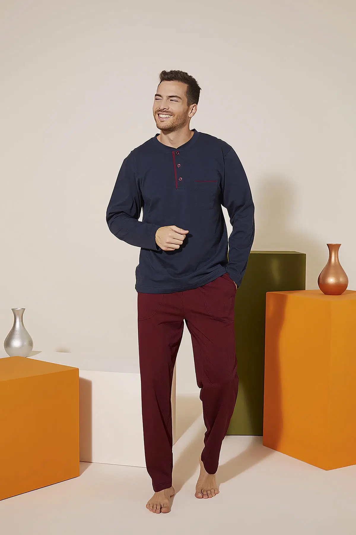 KLY 9221 Erkek Midi Yaka Pantolon Baskılı Pijama Takım - LACİVERT