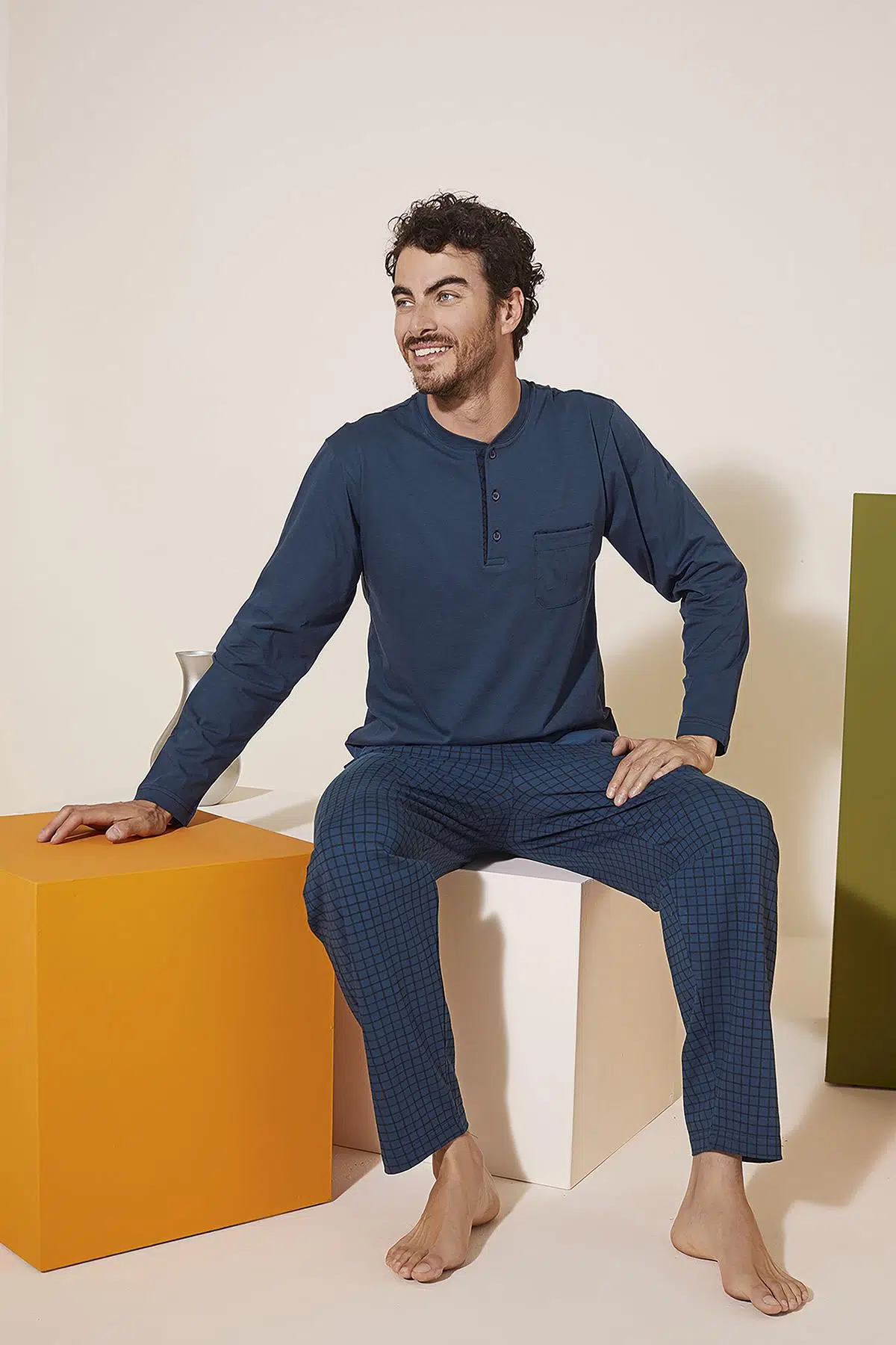 KLY 9230 Erkek Midi Yaka Pijama Takım - İNDİGO