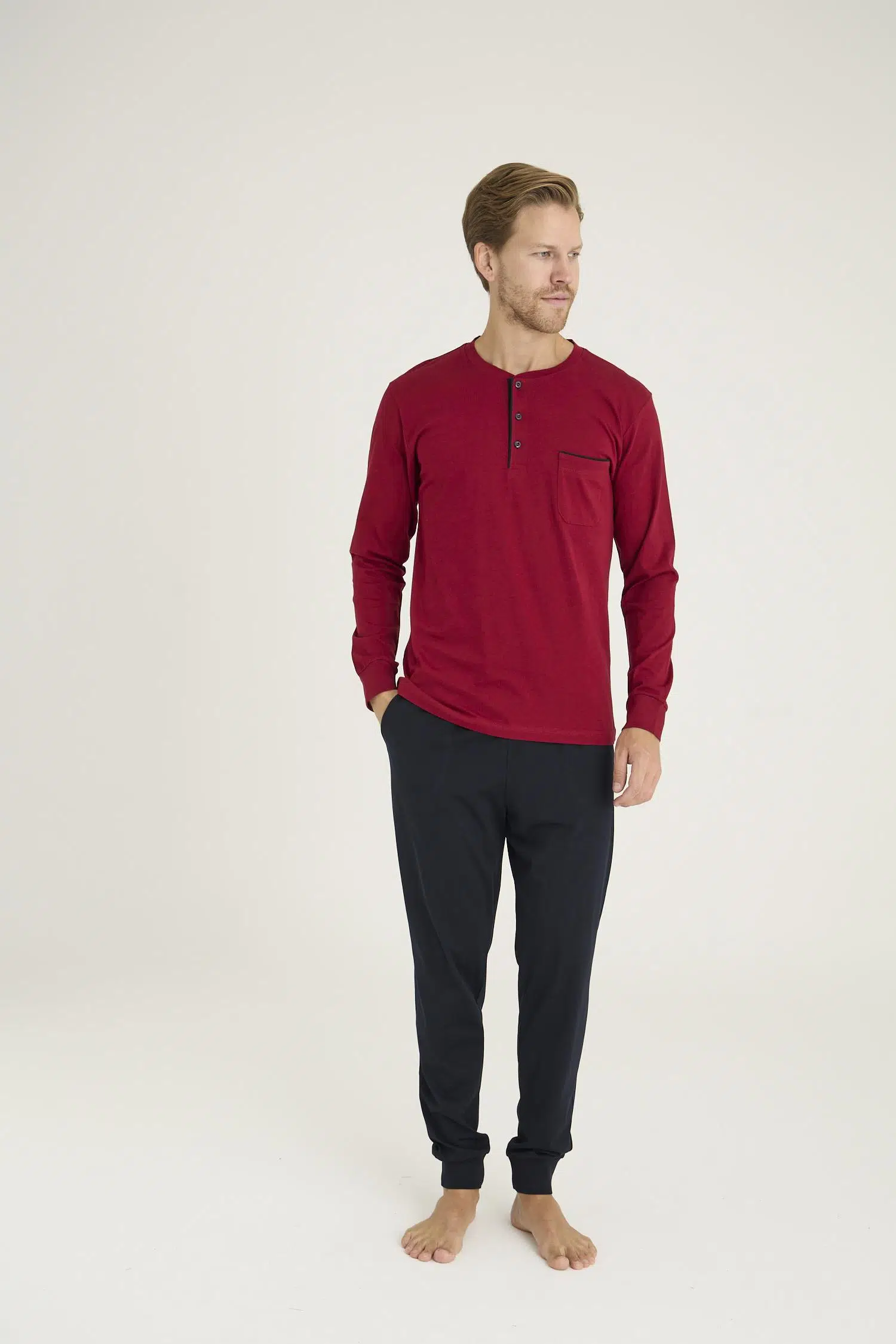 KLY Erkek Midi Yaka Uzun Kollu Pijama Takımı