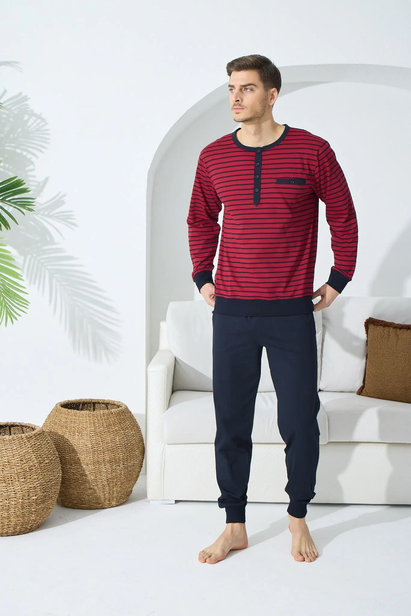 Kly 9246 Erkek Yaka Reçme Düğmeli Pijama Takım - İNDİGO