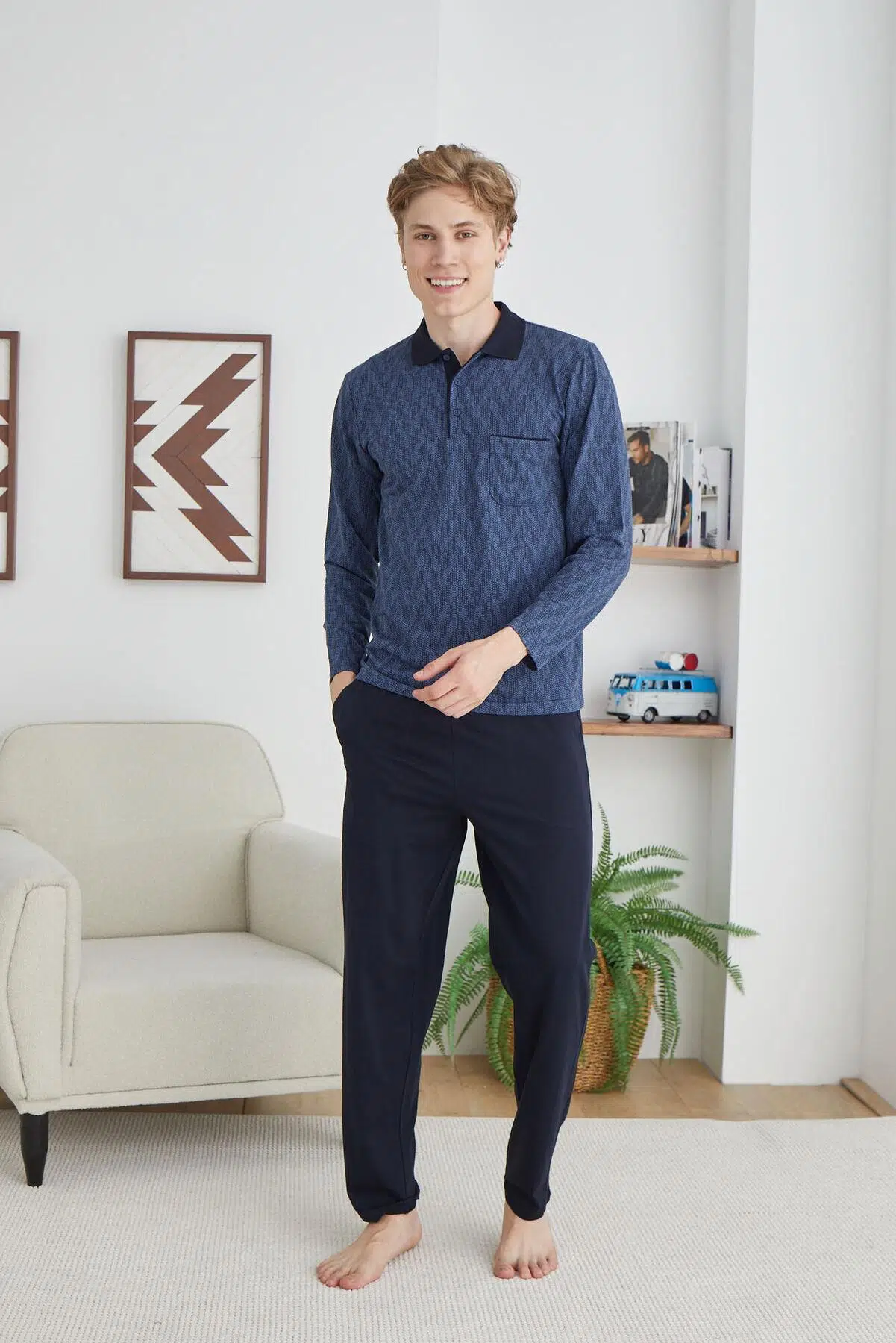 Kly 9247 Erkek Polo Yaka Düğmeli Uzun Kol Pijama Takım - İNDİGO