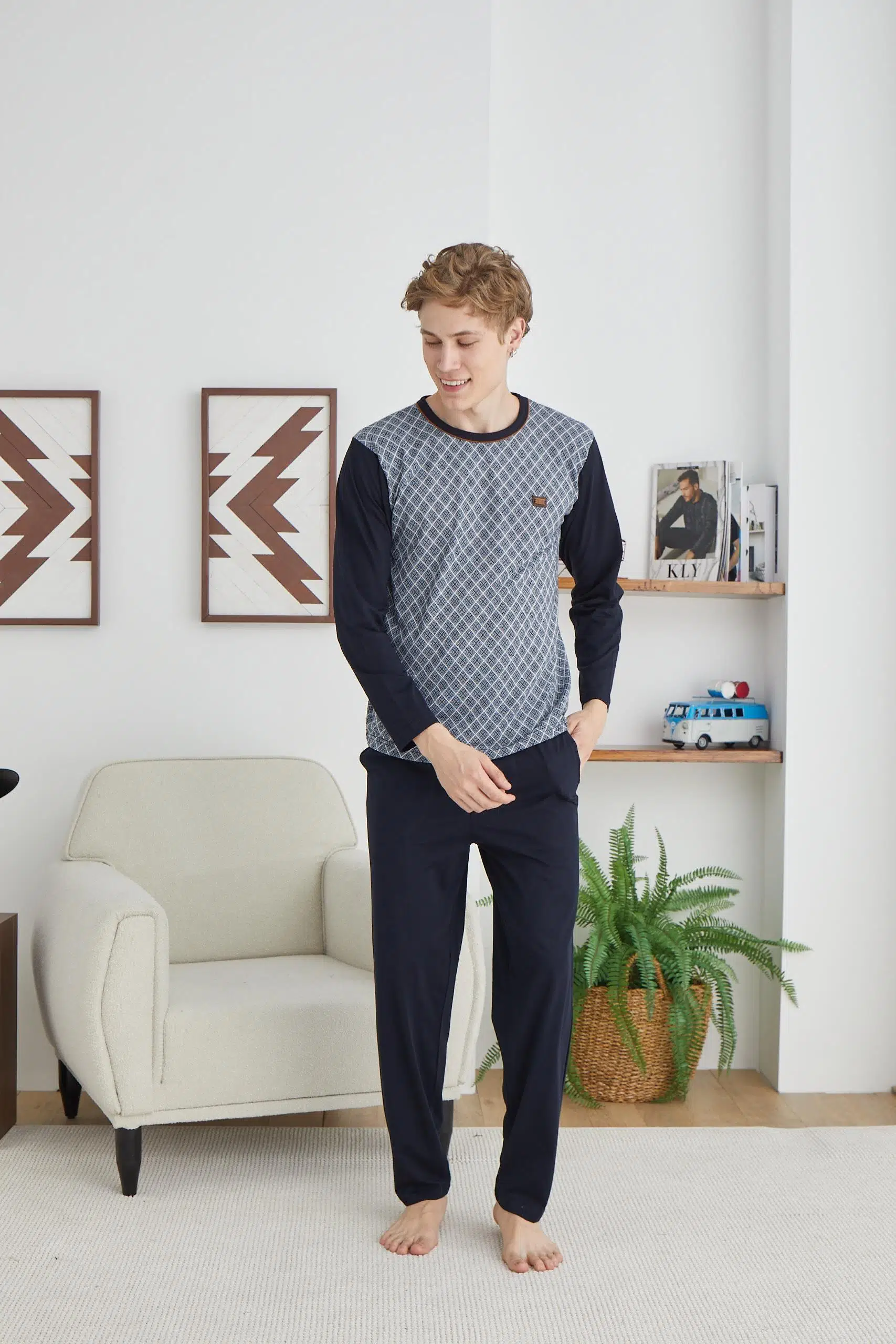 Kly 9251 Erkek 0 Yaka Uzun Kol Pijama Takım