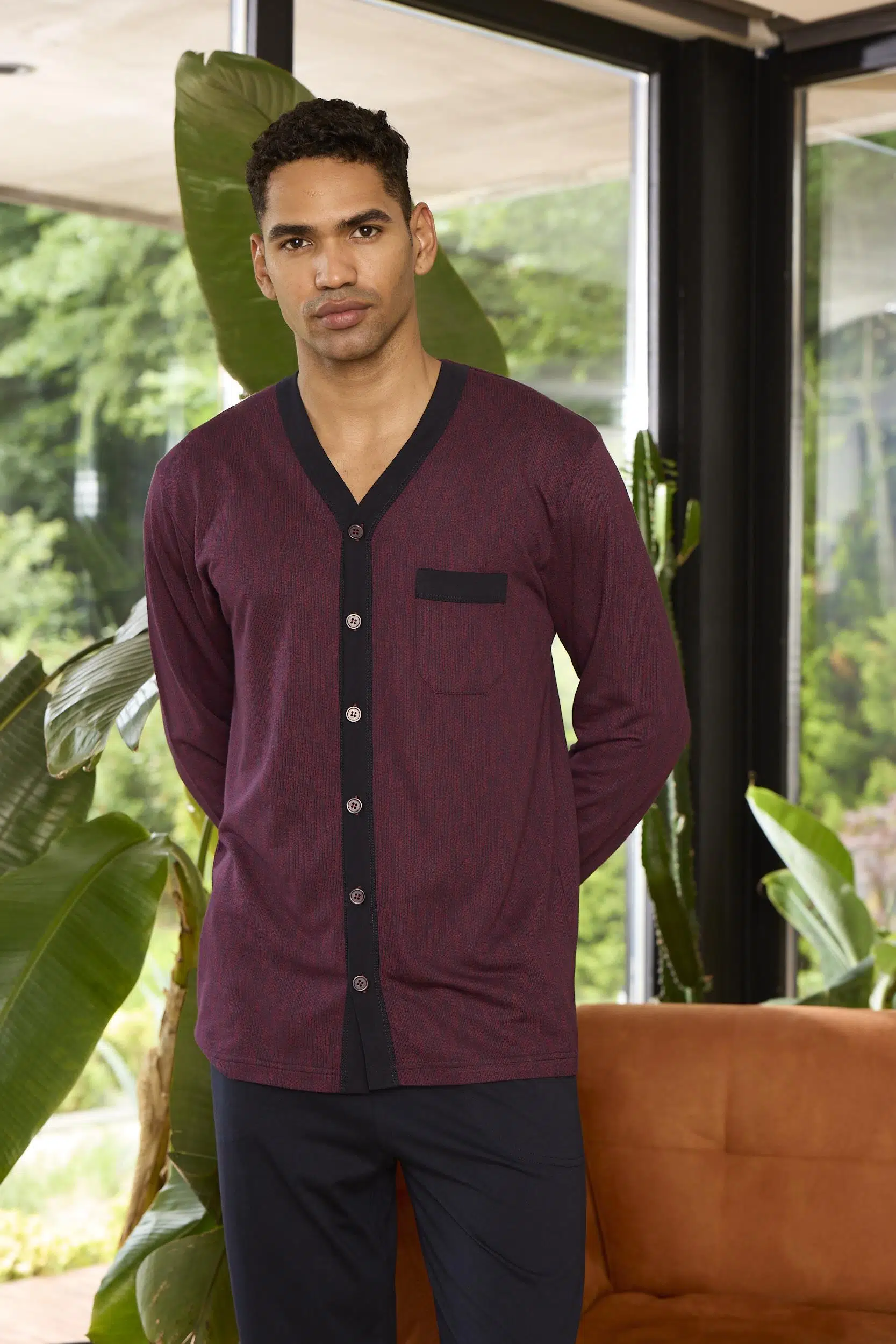 Kly 9252 Erkek V Yaka 4 Mevsim Boydan Düğmeli Uzun Kollu Pijama Takım - BORDO