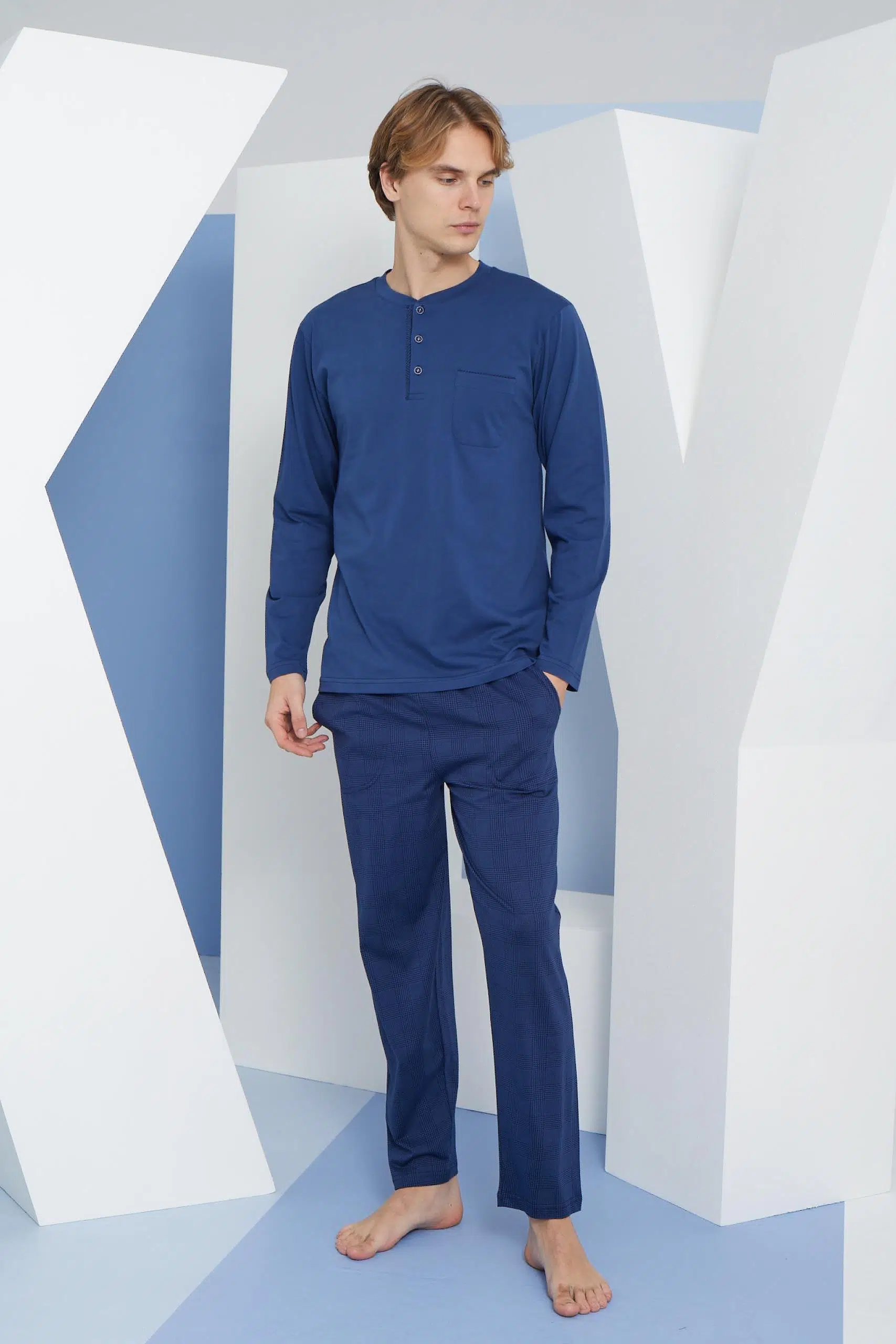Kly 9258 Erkek Diğmeli Midi Yaka Uzun Kol Pijama Takım - İNDİGO