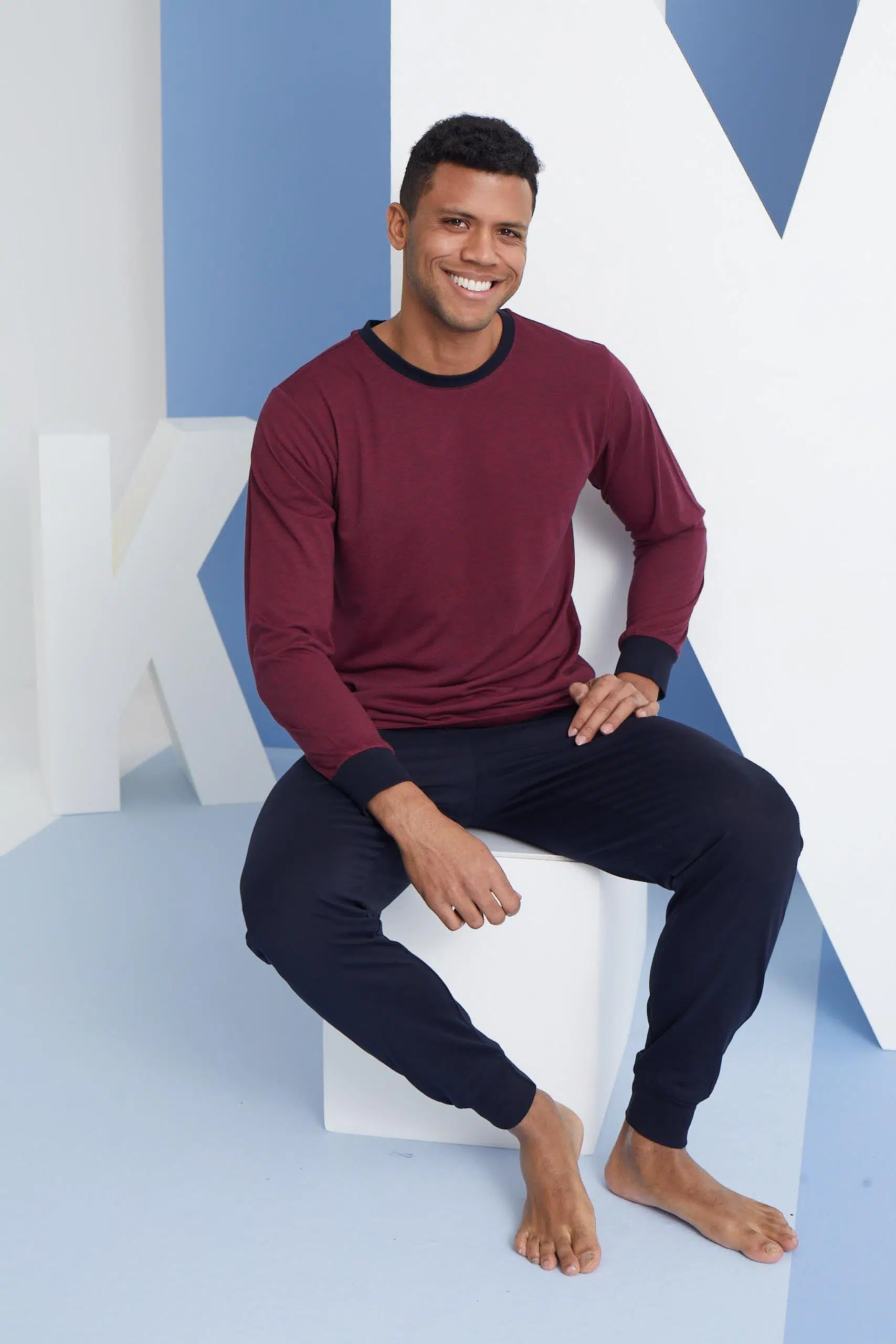 Kly 9259 Erkek Yuvarlak Yaka Uzun Kol Lastikli Pijama Takımı - BORDO