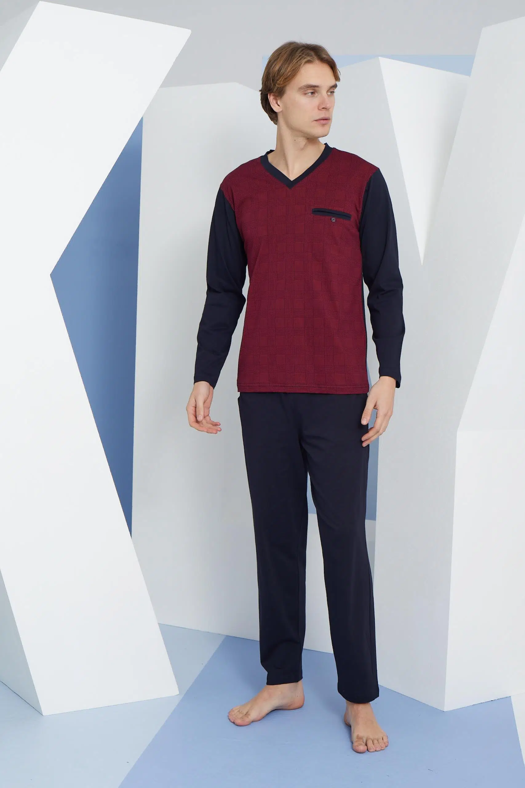 Kly 9260 Erkek V Yaka Uzun Kollu Pijama Takım - BORDO