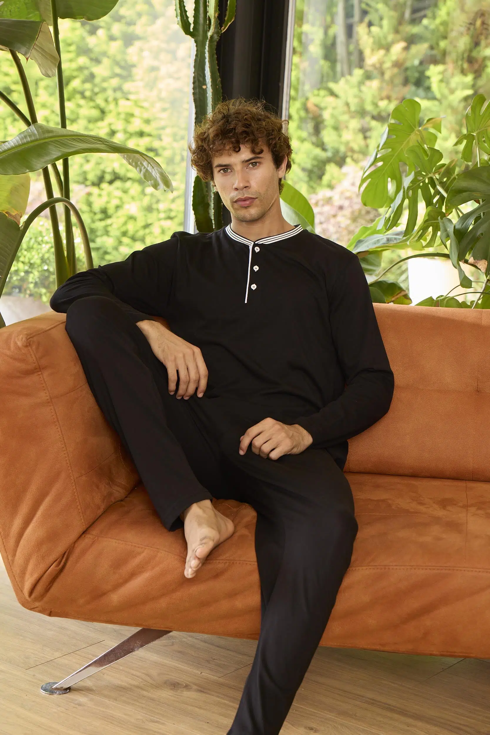 Kly 9263 Erkek Düğmeli Uzun Kollu Pijama Takım - SİYAH