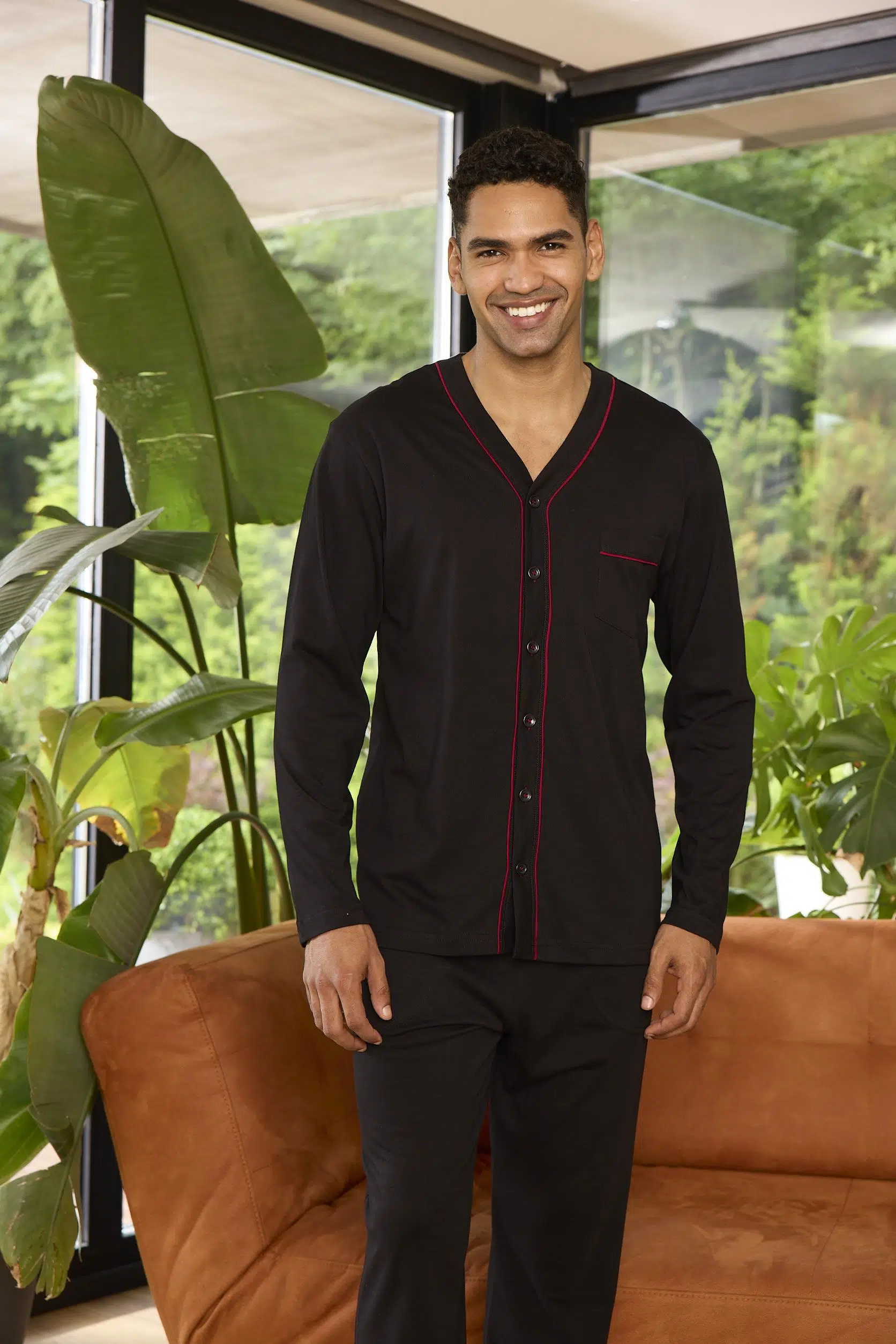 Kly 9267 Erkek Önden Düğmeli Uzun Kol Pijama Takım - SİYAH