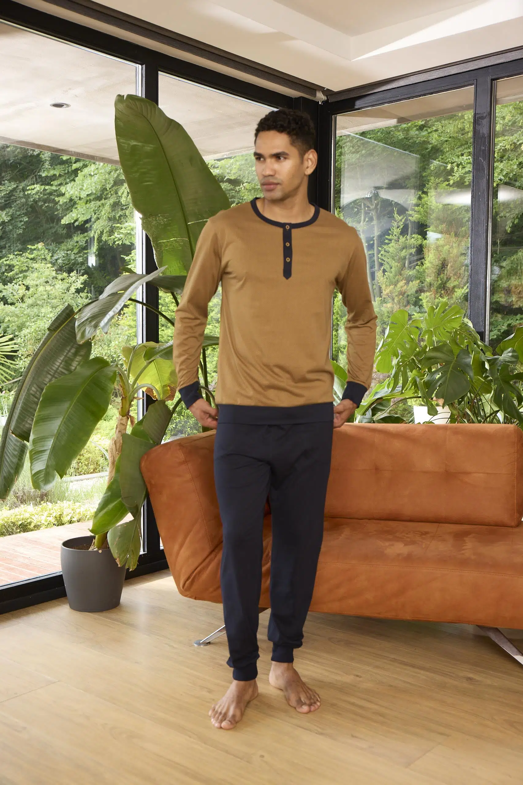 Kly 9268 Erkek Düğmeli Yaka Manşetli Uzun Kol Pijama Takım - TABA