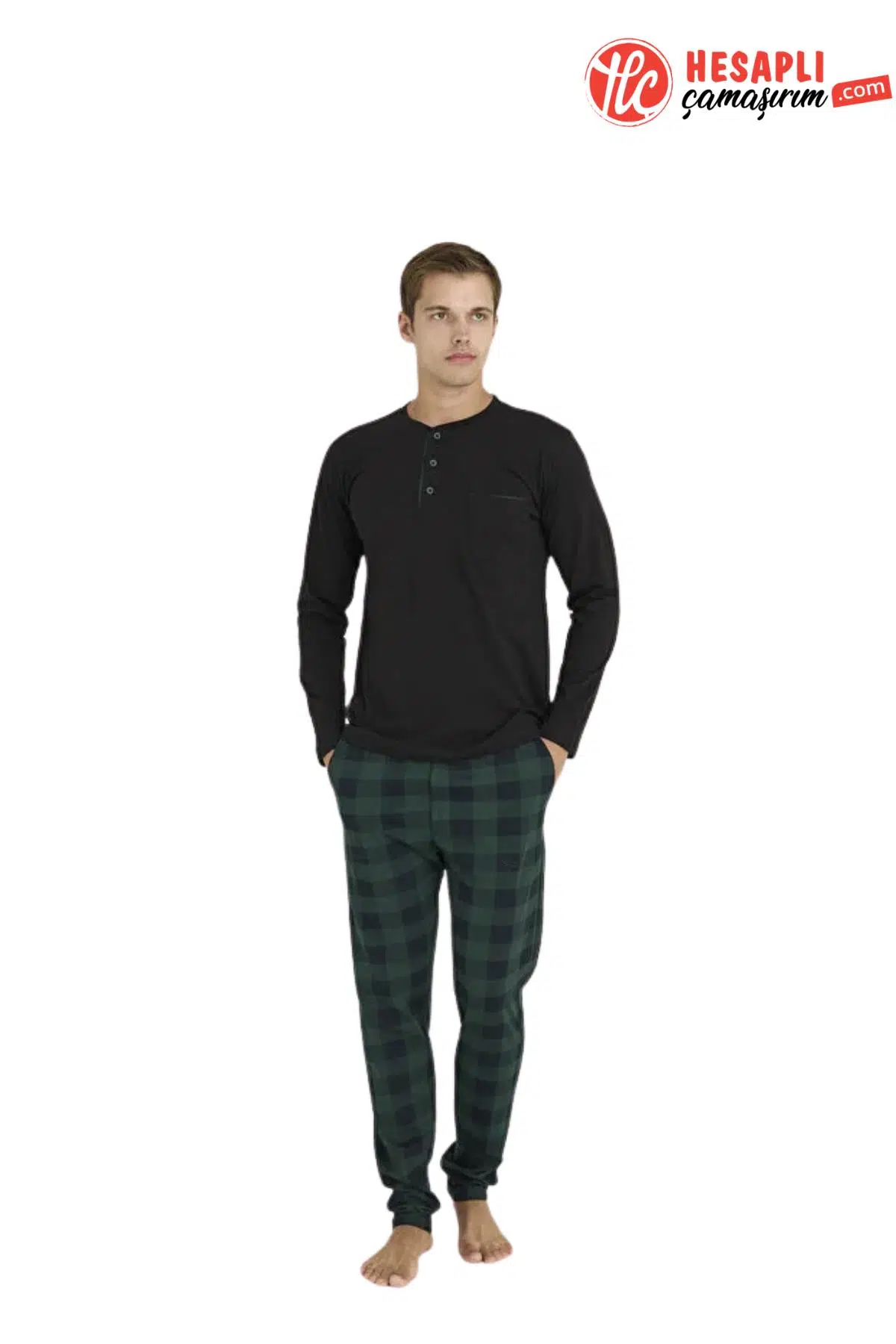 Kly Büyük Beden Erkek Rahat %100 Pamuklu Düğmeli Yaka 4 Mevsim Uzun Kollu Ekose Pijama Takım