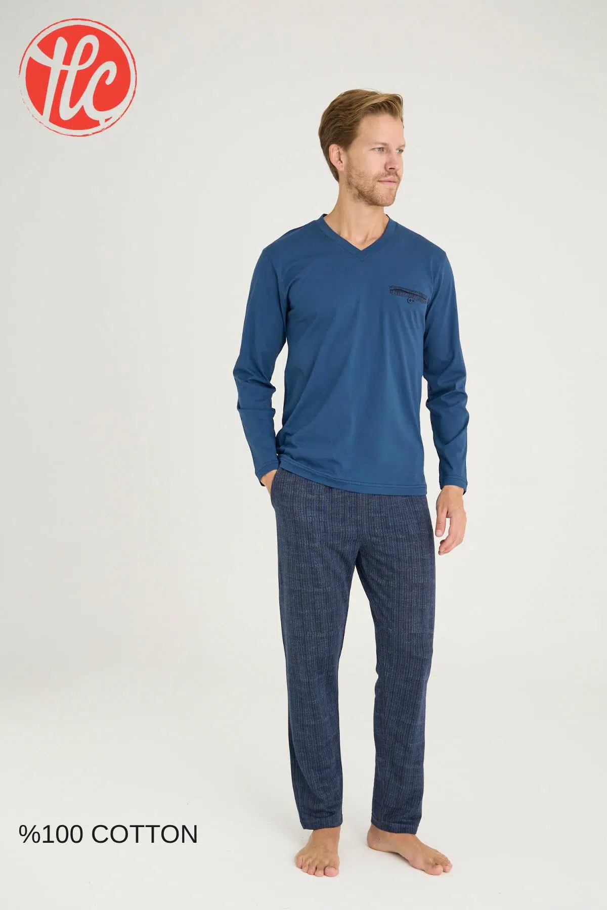 Kly Erkek %100 Pamuklu 4 Mevsim Kumaş V Yaka Uzun Kollu Pijama Takım