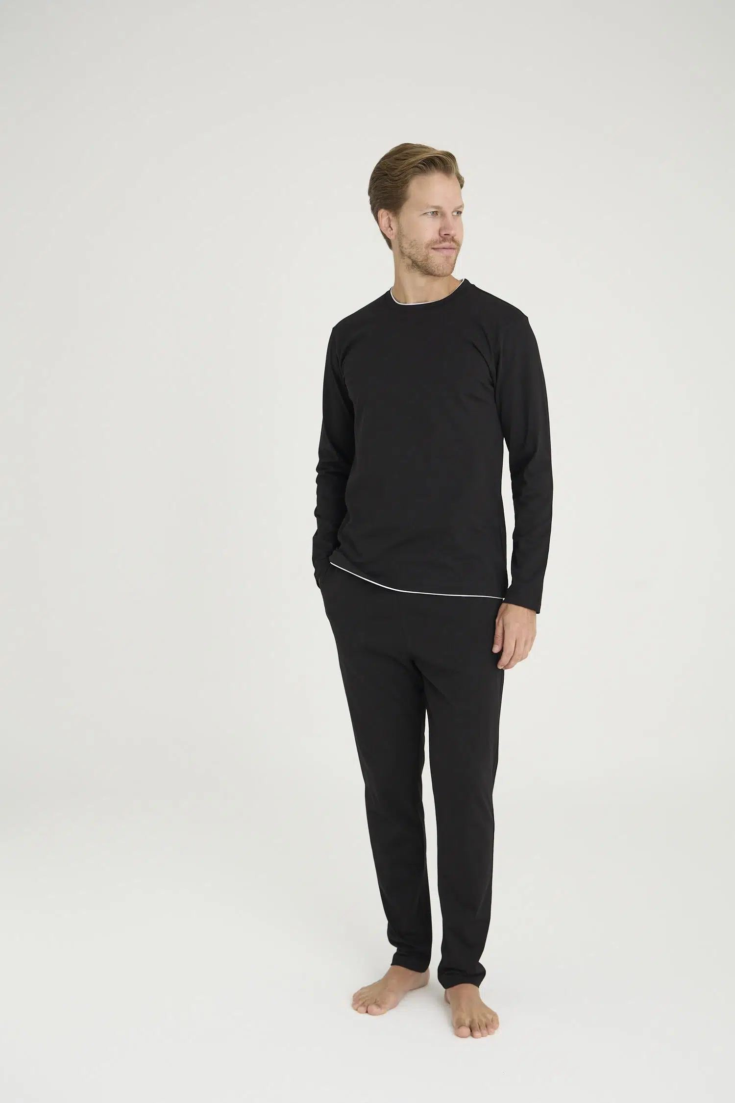 Kly Erkek Midi Yaka %100 Pamuklu 4 Mevsim Uzun Kollu Şerit Detaylı Pijama Takım