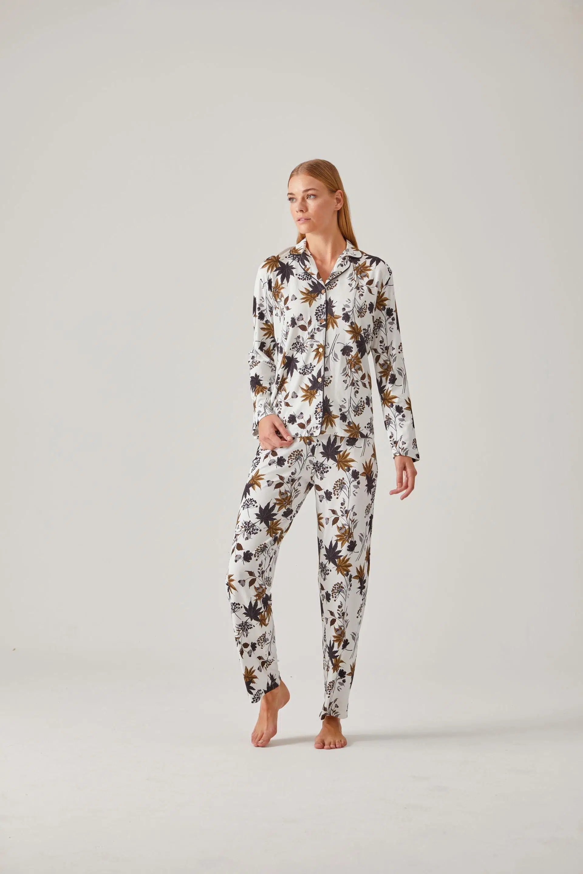 Pamuk Pamuk 24032 Kadın Ceviz Yeşil Çiçek Desen Önden Düğmeli Pijama Takımı