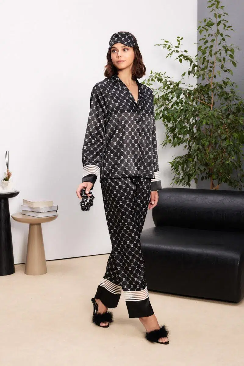 Pierre Cardin Kadın Saten Önden Düğmeli Uzun Kollu Toka Hediyeli Pijama Takım - SİYAH