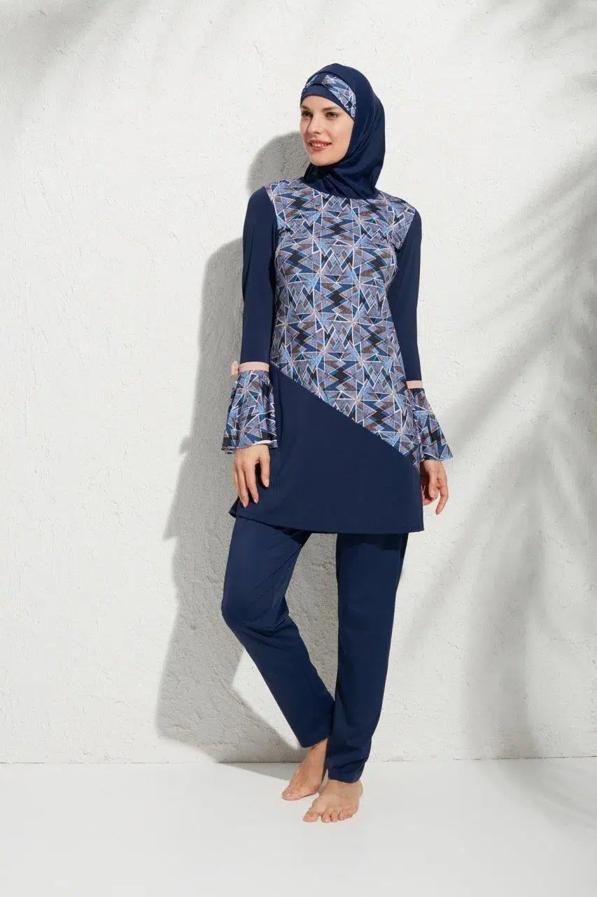 Pierre Cardin 191921 Uzunkollu Kolu Volanlı Desenli Tesettür Mayo - LACİVERT