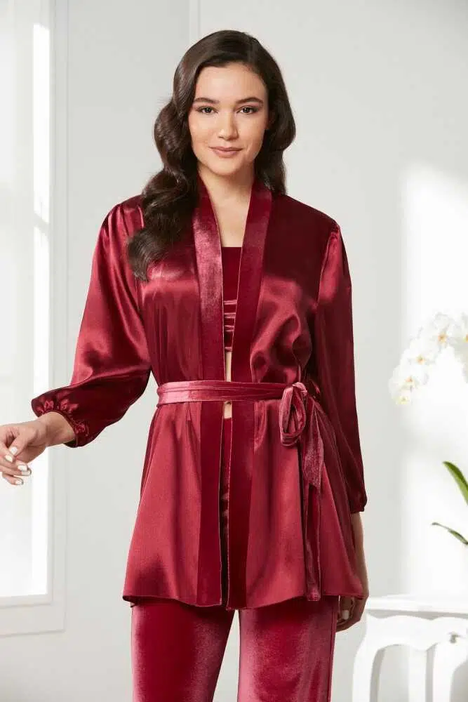 Pierre Cardin 2050 Dantelli Kadife Saten 3'lü Croplu Pijama Takımı - BORDO