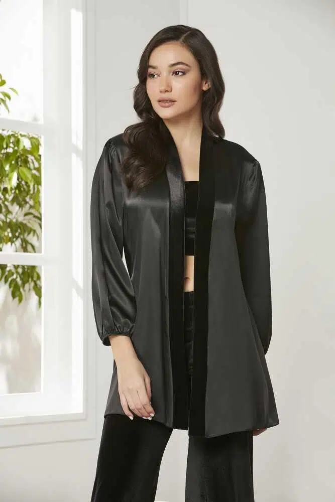 Pierre Cardin 2050 Dantelli Kadife Saten 3'lü Croplu Pijama Takımı - SİYAH