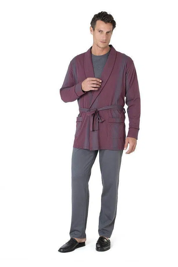 Pierre Cardin 3'lü Çizgili Robdöşambır Penye Pijama Takım Kutulu Damat Çeyiz Seti - BORDO