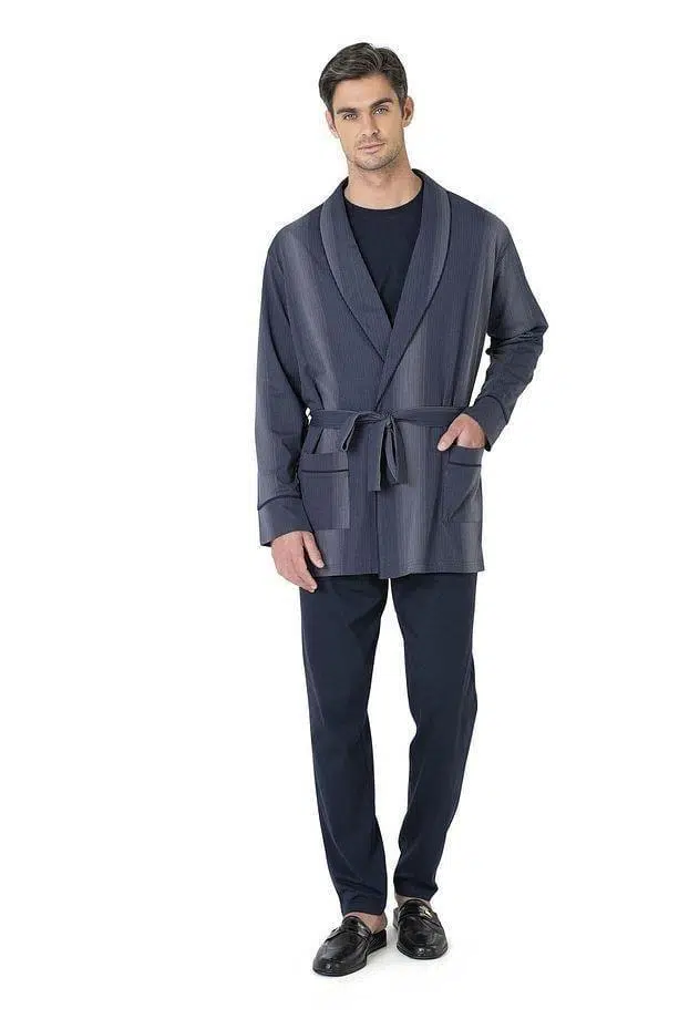 Pierre Cardin 3'lü Çizgili Robdöşambır Penye Pijama Takım Kutulu Damat Çeyiz Seti - LACİVERT