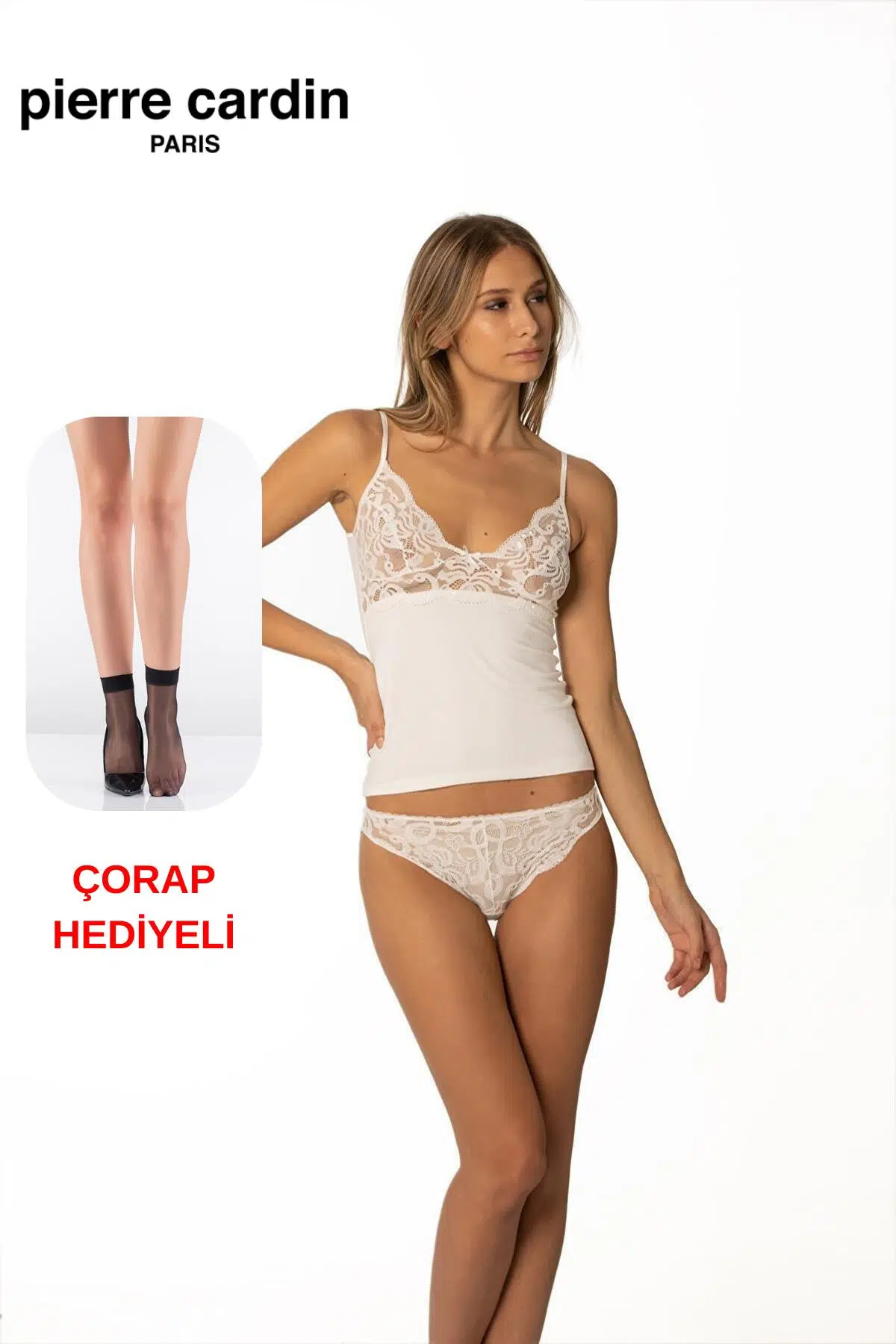 Pierre Cardin Premium Kadın Dantelli Penye Kaşkorse Kutulu Atlet Külot Slip Takım Çorap Hediyeli - EKRU