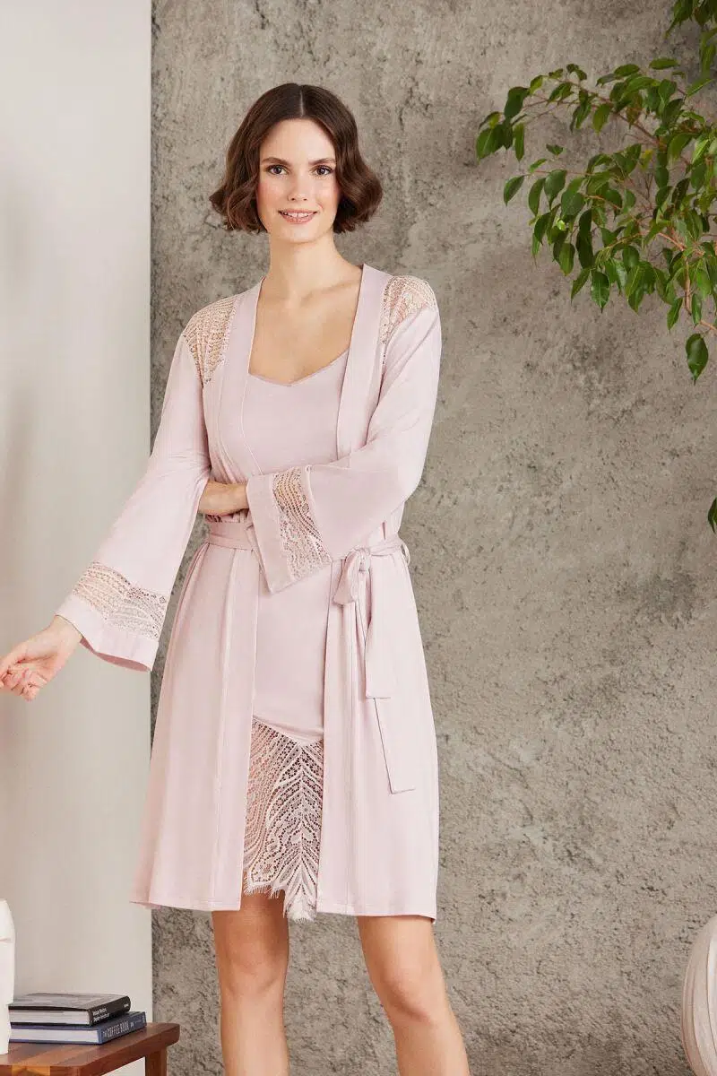 Pierre Cardin 4015 Penye Dantelli Gecelik ve Sabahlık Takım - PUDRA