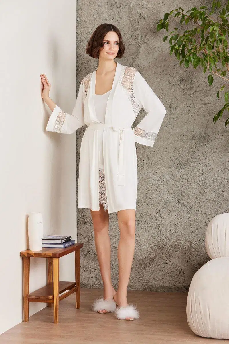 Pierre Cardin 4015 Penye Dantelli Gecelik ve Sabahlık Takım - EKRU