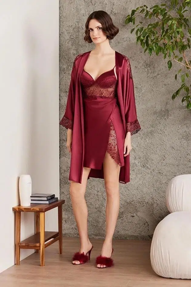 Pierre Cardin 6000 Saten Gecelik Sabahlık Pijama Takım Şort Takım 6'lı Gelin Çeyiz Seti - BORDO