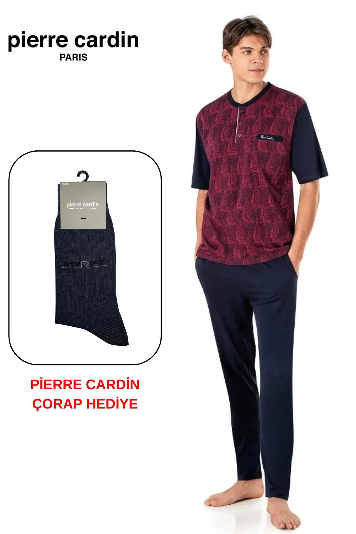 Pierre Cardin Paris Premium Erkek Jakarlı 3’lü Kısa Kol Kapri Uzun Kutulu Pijama Takım Çorap Hediyeli