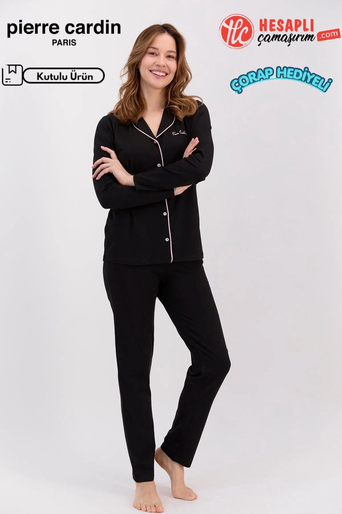 Pierre Cardin Paris Premium Seri Kadın Pamuklu Modal Rahat Kalıp Önden Düğmeli Kutulu Pijama Takım