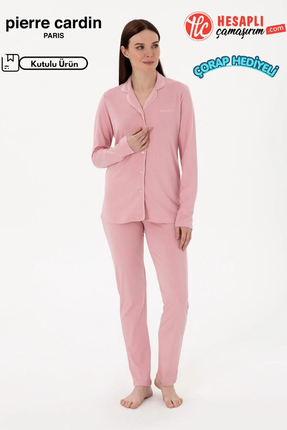 Pierre Cardin Paris Premium Seri Kadın Pamuklu Modal Rahat Kalıp Önden Düğmeli Kutulu Pijama Takım - GÜL