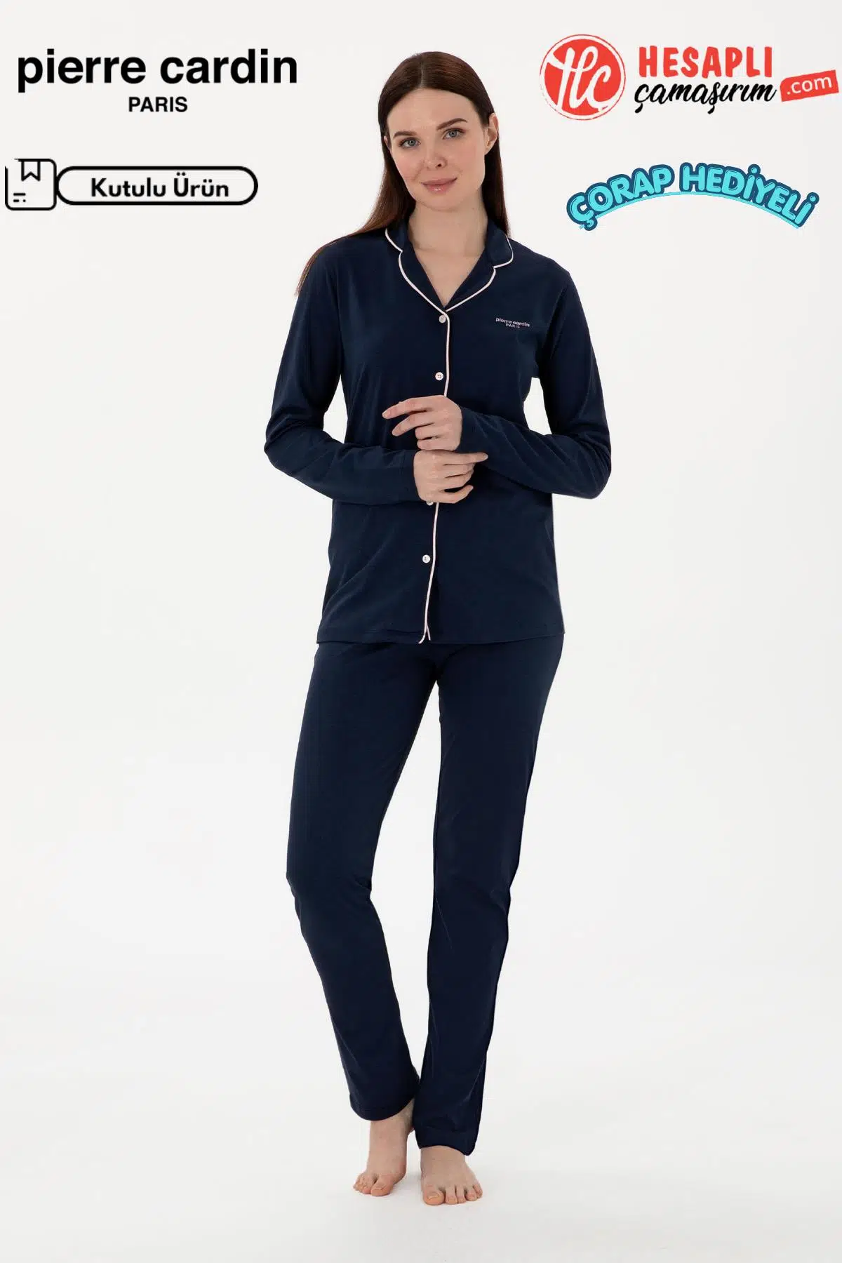 Pierre Cardin Paris Premium Seri Kadın Pamuklu Modal Rahat Kalıp Önden Düğmeli Kutulu Pijama Takım - LACİVERT