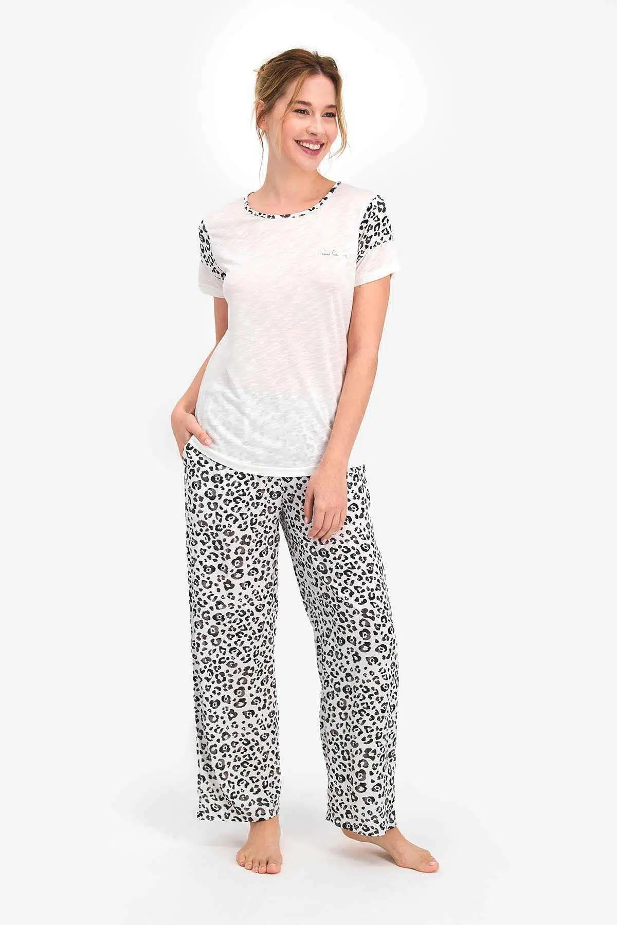 Pierre Cardin 7738 Kadın Leopard Krem Kısa Kol Pijama Takımı - KREM