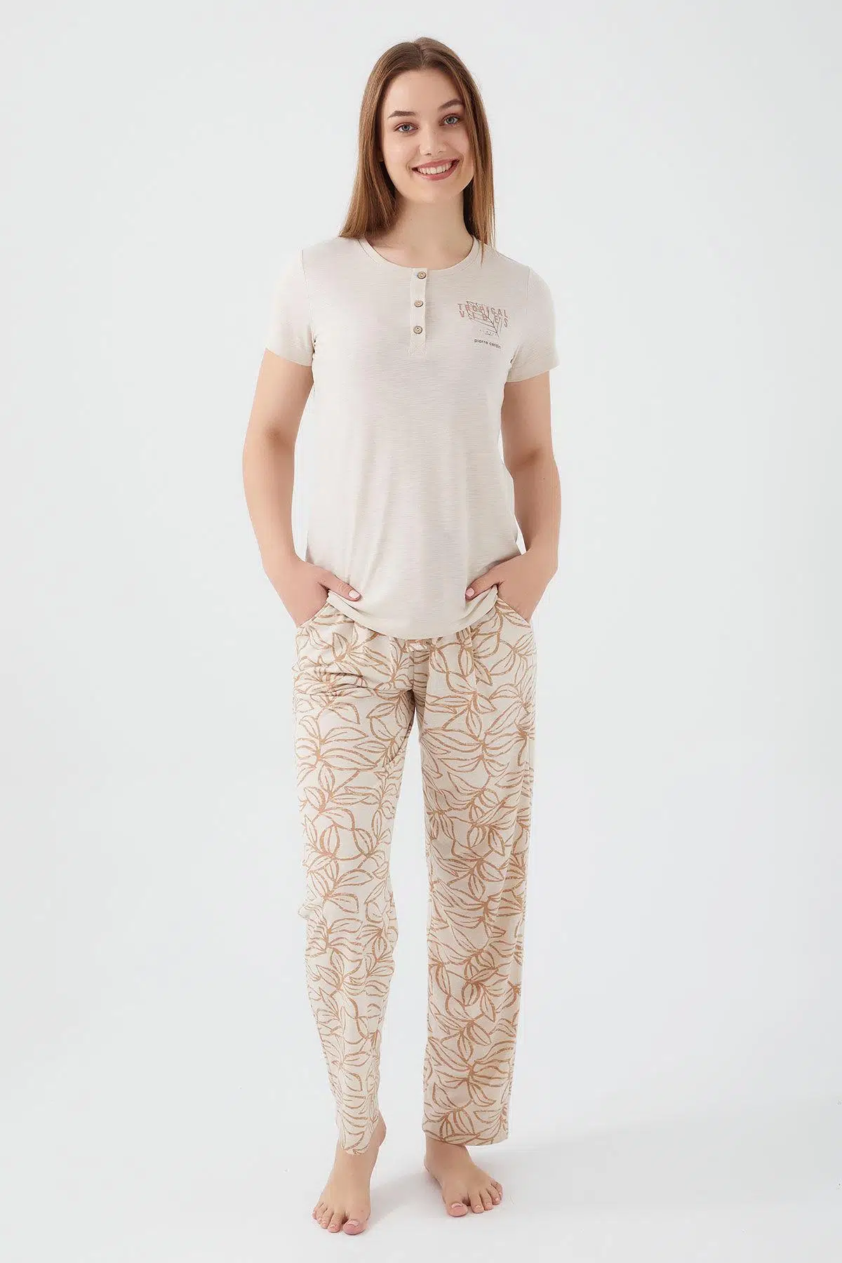 Pierre Cardin 8521 Tropical Vibes Kadın Kısa Kol Pijama Takım - BEJ