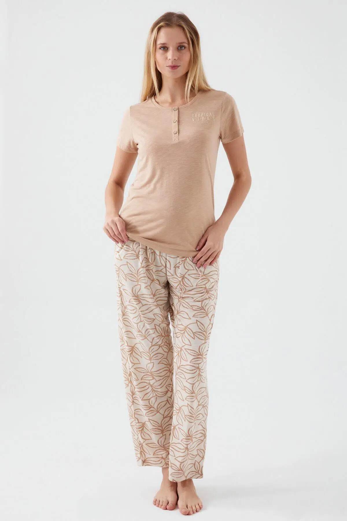 Pierre Cardin 8521 Tropical Vibes Kadın Kısa Kol Pijama Takım - VİZON