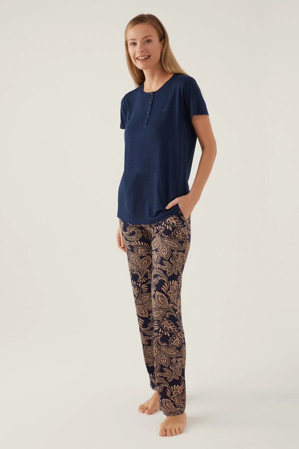 Pierre Cardin 8796 Straight Kadın Kısa Kol Pijama Takımı - LACİVERT