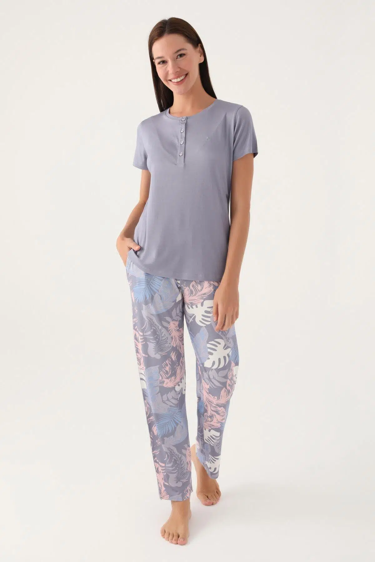 Pierre Cardin 8801 Kadın Düğmeli Desenli Kısa Kol Pijama Takımı