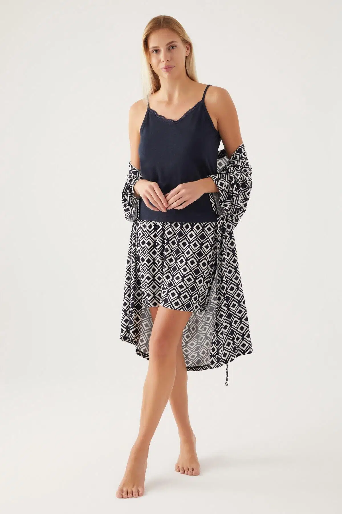 Pierre Cardin 8839 Dressing Gown Kadın Kısa Kol Pijama Takımı - LACİVERT