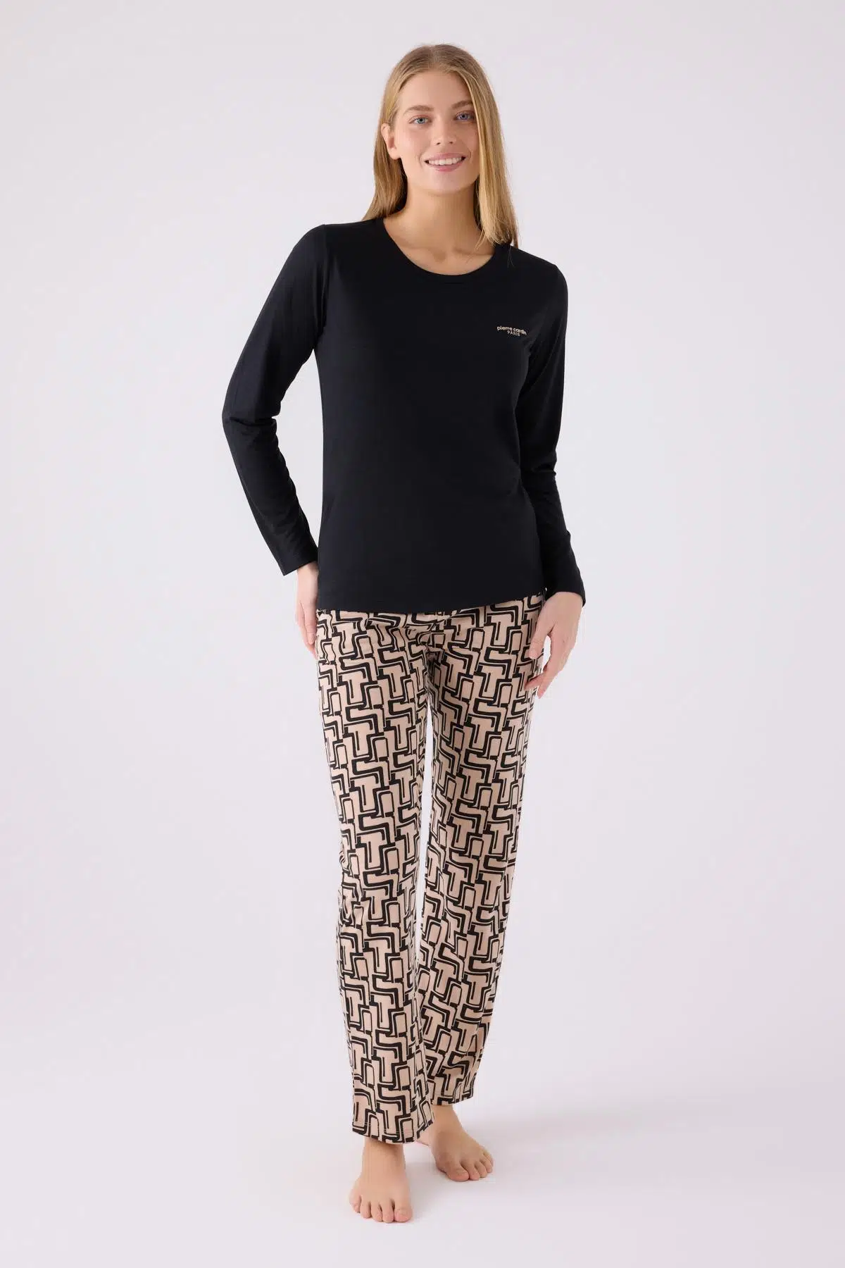 Pierre Cardin 8891 Paris Kadın Yuvarlak Yaka Siyah Uzun Kol Pijama Takım