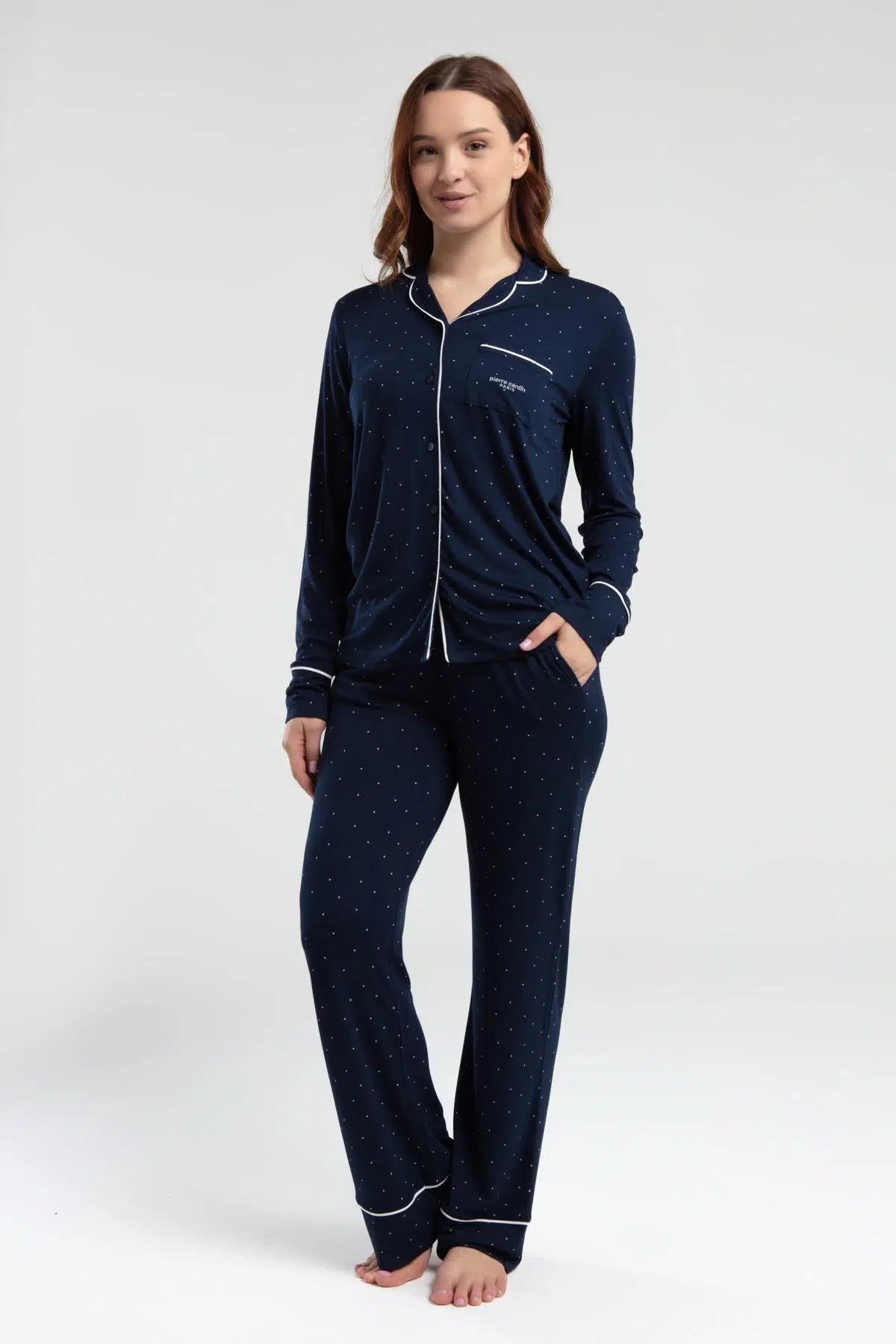 Pierre Cardin 8986 Kadın Lacivert Gömlek Yaka Önden Düğmeli Cepli Pijama Takım - LACİVERT